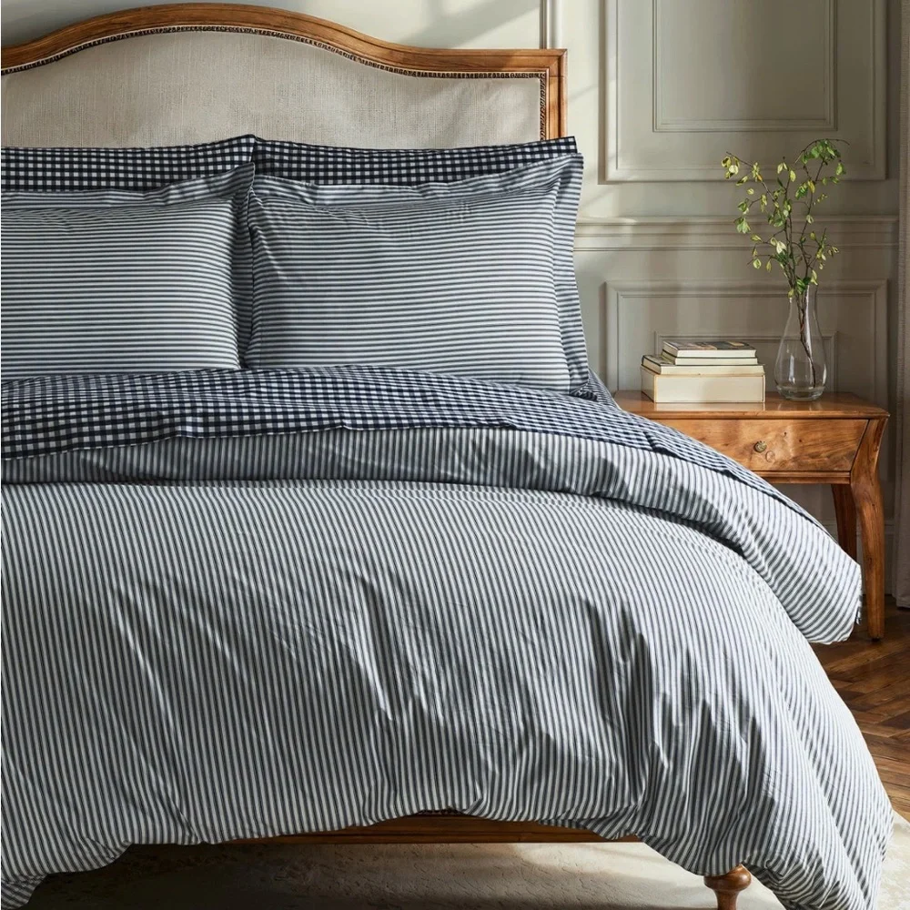 Petite Plume NWT French Ticking Cotton Percale Duvet Cover & Shams Queen Size